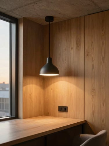 Close environmental shot of a Pane Hotel room corner: concrete ceiling meeting an oak-panelled wall, a single pendant lamp casting warm diffuse light downward onto a smooth desk surface, acoustic glazing visible at the frame edge, shot with a wide lens to reveal proportion, no people, golden hour light entering from the left