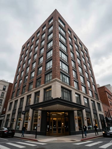 Wide exterior shot of a mid-rise urban hotel facade in daylight, overcast diffuse light, street-level entry visible, pedestrians absent, brick and glass materials, city block context in background, shot from a slight angle emphasising the building's proportion