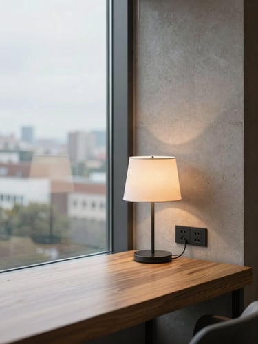 Close environmental shot of a hotel room corner, north-facing overcast daylight through floor-to-ceiling glazing, oak desk surface with a single lamp and two monitor outlets visible, concrete accent wall, no occupant, materials sharp and proportional