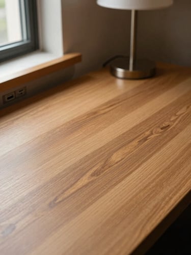 Wide environmental shot of a hotel desk surface at eye level, warm oak desktop, a single lamp casting diffuse light, two USB-C outlets visible at the edge, window light from the left washing across the grain — no objects, no person, muted tones