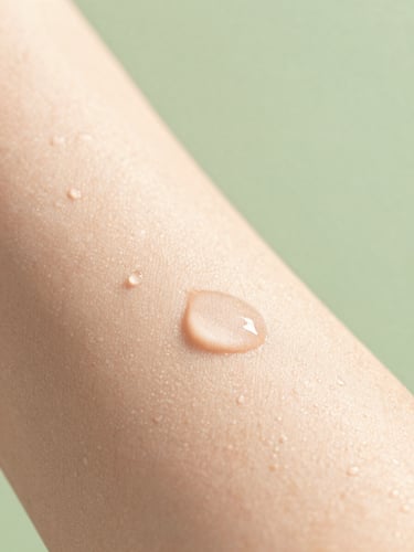 Macro close-up of clean skin with soft natural morning light, gentle water droplets, fresh sage green background, depth of field