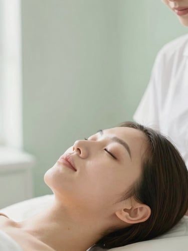 Serene minimalist portrait of a skincare therapist in a bright, sun-drenched Florida studio, soft sage green accents, morning light, macro depth of field.