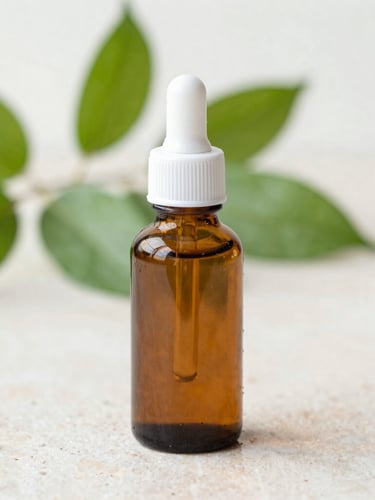 Minimalist amber glass bottle on a wet stone surface, soft diffused morning light, fresh green botanical leaves in background, macro depth of field