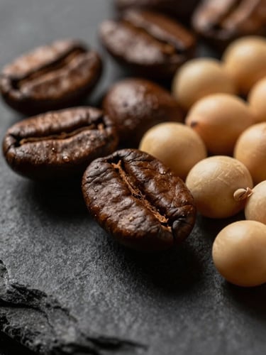 Extreme macro close-up of premium raw coffee beans and soy grains resting on a dark slate surface, dramatic side lighting, high contrast