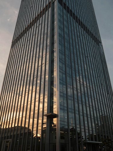 A high-altitude, wide-angle cinematic shot of a modern glass skyscraper reflecting a dramatic golden hour sky, clean architectural lines, sophisticated corporate atmosphere.