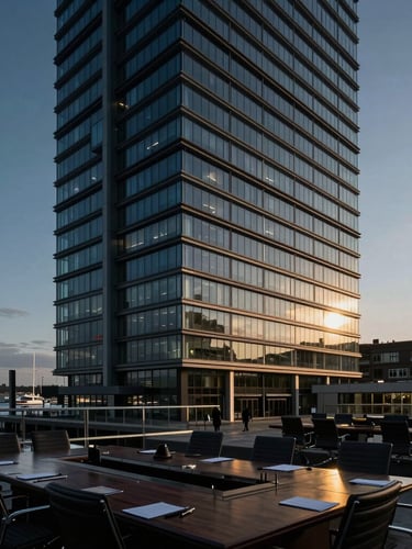 Executive boardroom overlooking a modern high-rise harbor, dramatic evening light, deep corporate blue tones, 35mm architectural lens.