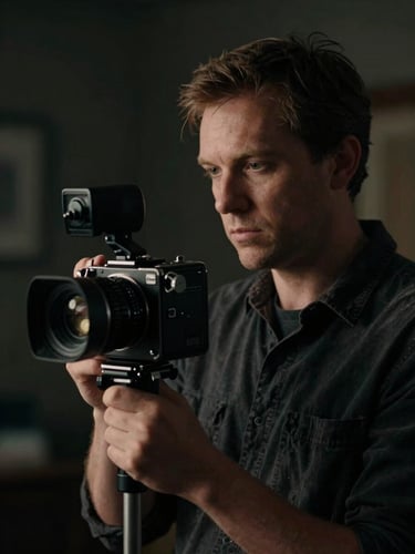 Cinematic portrait of a film director with a small cinema camera, dark moody background, low-key lighting, dramatic side light, shallow depth of field