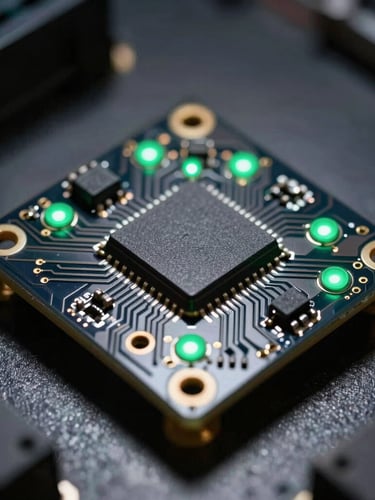 Macro shot of a custom circuit board with clean soldering joints, glowing green status LEDs, dark metallic background, high-contrast directional light.