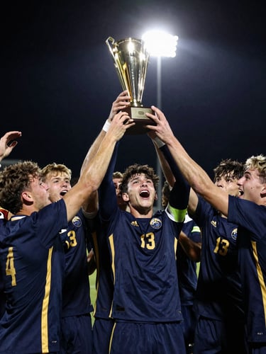 Dynamic high-contrast photo of the 2025 St. Joseph Boys Soccer team celebrating their state championship, players in modern navy and gold uniforms, trophy lifted high, stadium floodlights, low-angle dynamic action shot, tight emotional close-up of players, deep navy and gold tones, sharp focus, 70-200mm lens.