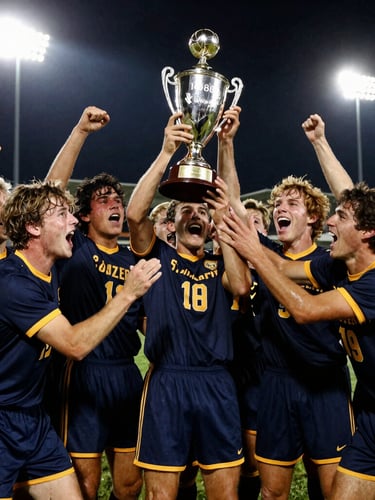 Historic high-contrast photo of the 1988 St. Joseph Boys Soccer team celebrating their state championship, players in vintage navy and gold uniforms, trophy prominently displayed, stadium floodlights, low-angle dynamic action shot, tight emotional close-up of players, deep navy and gold tones, sharp focus, 70-200mm lens.