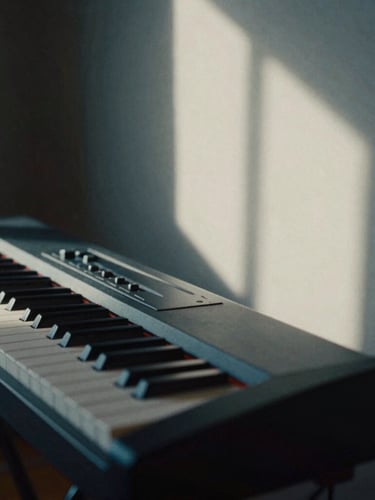 Low-key cinematic close-up of a minimalist music production studio, a keyboard instrument in the foreground, soft natural window light casting long shadows, 35mm film grain.