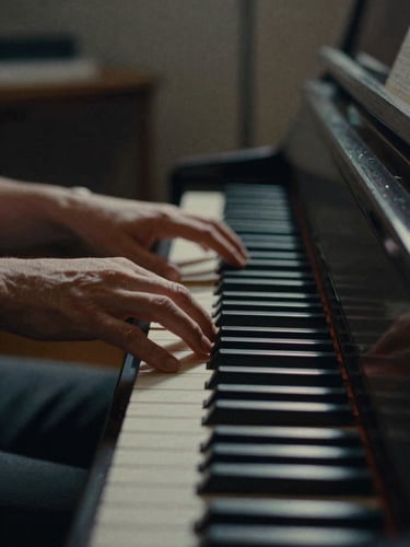 Cinematic close-up of a composer's hands resting on piano keys in a dimly lit studio, soft warm light catching the dust, low key, muted cool tones, 35mm film grain