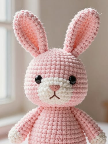 Close-up of a premium hand-crocheted pastel pink bunny amigurumi, showing detailed stitch texture, soft natural window light, shallow depth of field, warm cream background