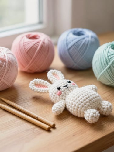 A cozy wooden table with colorful pastel yarn skeins, a half-finished crochet rabbit, and vintage wooden crochet hooks, bathed in soft afternoon light
