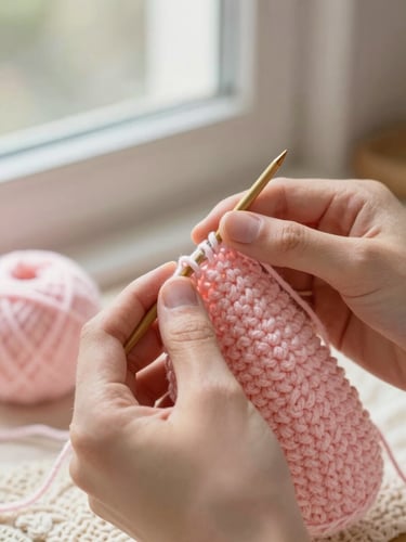 Close-up of hands crocheting a soft pastel pink amigurumi with wooden needles, warm natural window light, cream yarn texture