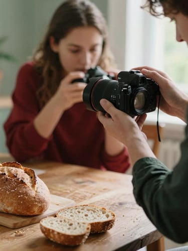 Behind-the-scenes shot of a photographer adjusting a camera lens over a rustic table set with fresh bread, soft natural Scandinavian daylight