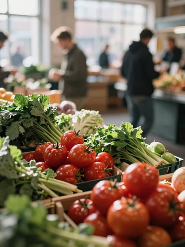 A high-angle, warm editorial shot of a bustling artisanal food market aisle, soft natural daylight streaming through high windows, rich crimson and forest green organic produce displays in the foreground, shallow depth of field, 35mm.