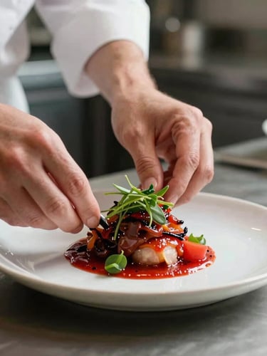 Close-up of chef hands plating a vibrant dish in a kitchen flooded with soft Scandinavian daylight, rich crimson tones, shallow depth of field, 35mm.
