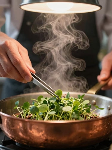 Close-up of steam rising from a copper pan, chef's hands plating microgreens with tweezers, warm overhead kitchen glow, shallow depth of field, 35mm