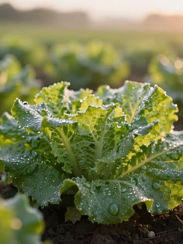 Close-up of dew-covered green lettuce leaves in a field at sunrise, soft natural light, shallow depth of field, 35mm warm editorial photography.