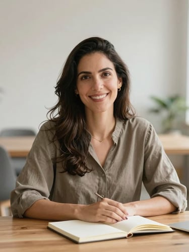 Warm professional portrait of Cristina Alves Souza, a woman in her late 30s with a welcoming smile, sitting at a clean wooden desk with a notebook, soft natural daylight, shallow depth of field.