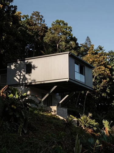 Wide-angle shot of a dramatic residential steel cantilever projecting over a steep forested slope, high-contrast afternoon light, deep shadows.