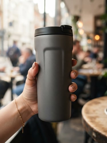 A close-up of a hand holding a matte-finish premium thermal cup in a stylish urban setting, soft morning light, sharp focus, 50mm lens
