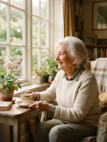 A warm, natural light environmental portrait of an elderly person smiling gently, looking out a window in a cozy living room, soft morning light, rich cream tones, shallow depth of field