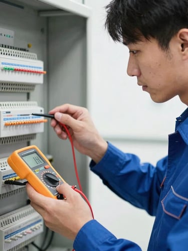 Close-up portrait of a professional technician in a clean blue uniform inspecting an electrical control panel with a digital multimeter, bright clean technical daylight, sharp focus, 35mm