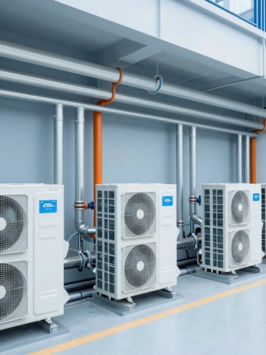 Wide shot of a clean, modern mechanical room with perfectly organized piping and HVAC units, bright crisp daylight, professional blue tones