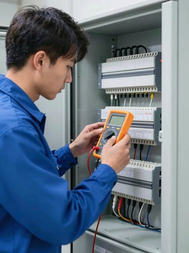 Professional technician in a clean blue uniform inspecting a complex electrical control panel, hands using a digital multimeter, crisp focus, bright indoor lighting, 35mm