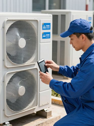 Professional technician in clean blue uniform inspecting a modern HVAC compressor unit on a bright sunny day, sharp focus, 35mm