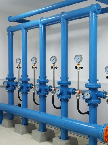 Wide shot of a clean, modern hospital mechanical room with blue pipes and diagnostic gauges, bright daylight, 35mm