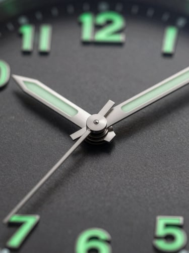 Extreme macro close-up of a custom watch dial with glowing green lume markers, brushed steel hands, sharp studio lighting on dark metallic background