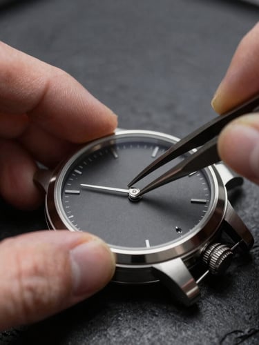 Extreme macro close-up of watchmaker tweezers placing hands on a matte black dial, sharp studio lighting, dark slate backdrop, shallow depth of field