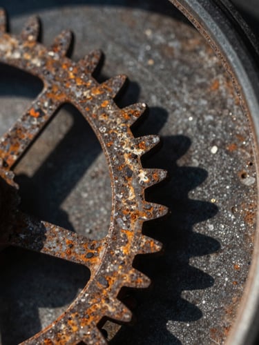 Macro close-up of a rusted mechanical clock gear, teeth worn down, dramatic side lighting with deep shadows, stark contrast, 35mm lens.