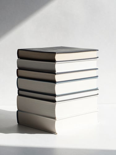 A clean, clinical studio shot of a stack of minimalist design and business books on a stark white background, sharp focus, high-contrast natural light, 35mm lens