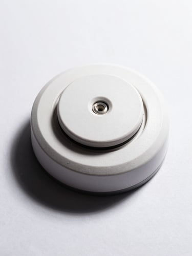 Isolated product shot of a high-quality smoke detector on a clean white background, clinical studio lighting, stark shadows