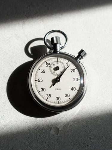 Stark close-up of a classic analog stopwatch resting on a white concrete surface, harsh side lighting casting a long shadow, 35mm lens, sharp focus.