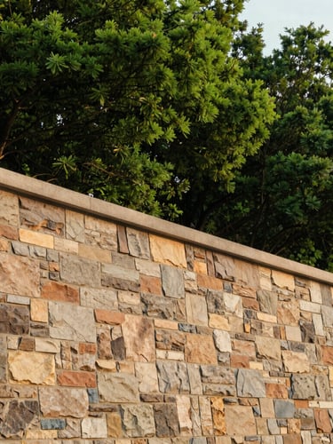 Vertical architectural portrait of a hand-dressed stone retaining wall intersecting with lush forest green foliage, soft overcast daylight, focus on masonry texture