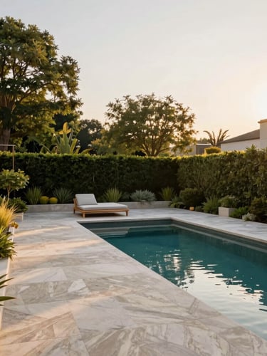 Wide-angle architectural environmental shot of a luxury modern backyard with crisp pool deck masonry and structured planting design at golden hour, warm editorial, 35mm lens