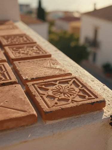 Close-up of hand-carved terracotta tiles on a quiet Mediterranean balcony, warm golden-hour natural light, rich earth tones, cinematic 35mm film look, shallow depth of field