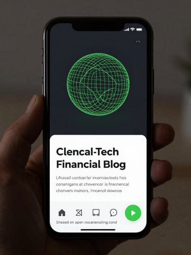 Minimalist clean-tech wireframe of a high-converting financial blog post on a dark mobile screen, crisp green accents, natural studio light