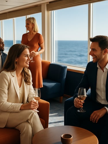 A small group of well-dressed adults socializing naturally in a premium modern cruise ship lounge, bright warm natural daylight streaming through large windows, crisp clean focus, 35mm