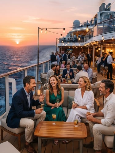 A premium environmental shot of a modern cruise ship deck at sunset, small groups of adults talking and laughing naturally in a stylish outdoor lounge, warm orange lighting, deep navy sea