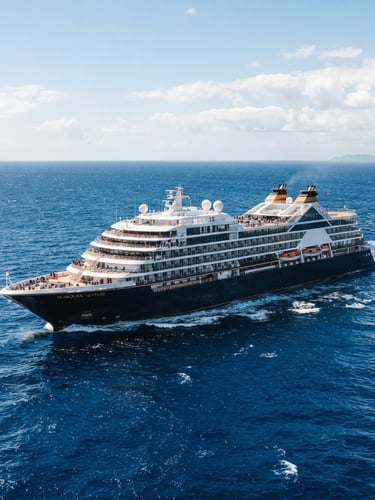 A premium modern cruise ship sailing in deep blue ocean water under bright natural daylight, crisp clean focus, 35mm