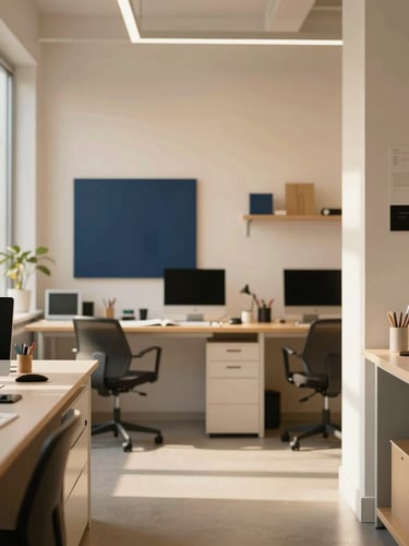 Straight-on architectural shot of a modern, organized creative studio, bright natural daylight with warm golden undertones, clean lines, shallow depth of field