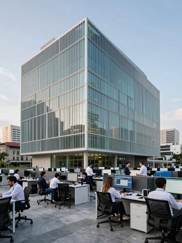 Modern architectural office in Santiago with researchers collaborating around screens, cool-toned daylight, professional atmosphere, wide-angle lens