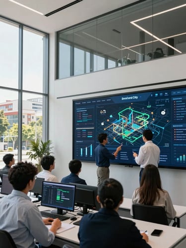 Modern collaborative tech lab in Santiago, diverse professionals analyzing a digital smart city dashboard on a large screen, daylight, modern architectural setting.