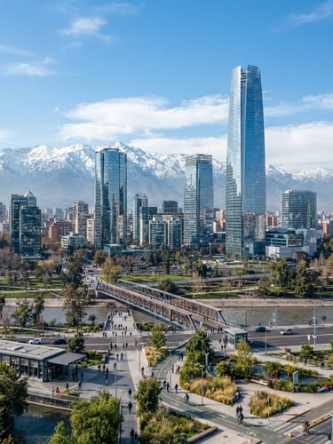 Wide-angle architectural photography of modern Santiago skyline under crisp daylight, glass towers reflecting cool blue sky, sustainable urban infrastructure in the foreground.